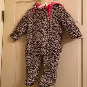 Leopard print electric pink hooded baby snowsuit